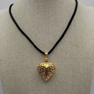 Vintage Signed KOREA Gold-Tone Filigree Heart Pendant Necklace 27 In Tie Cord